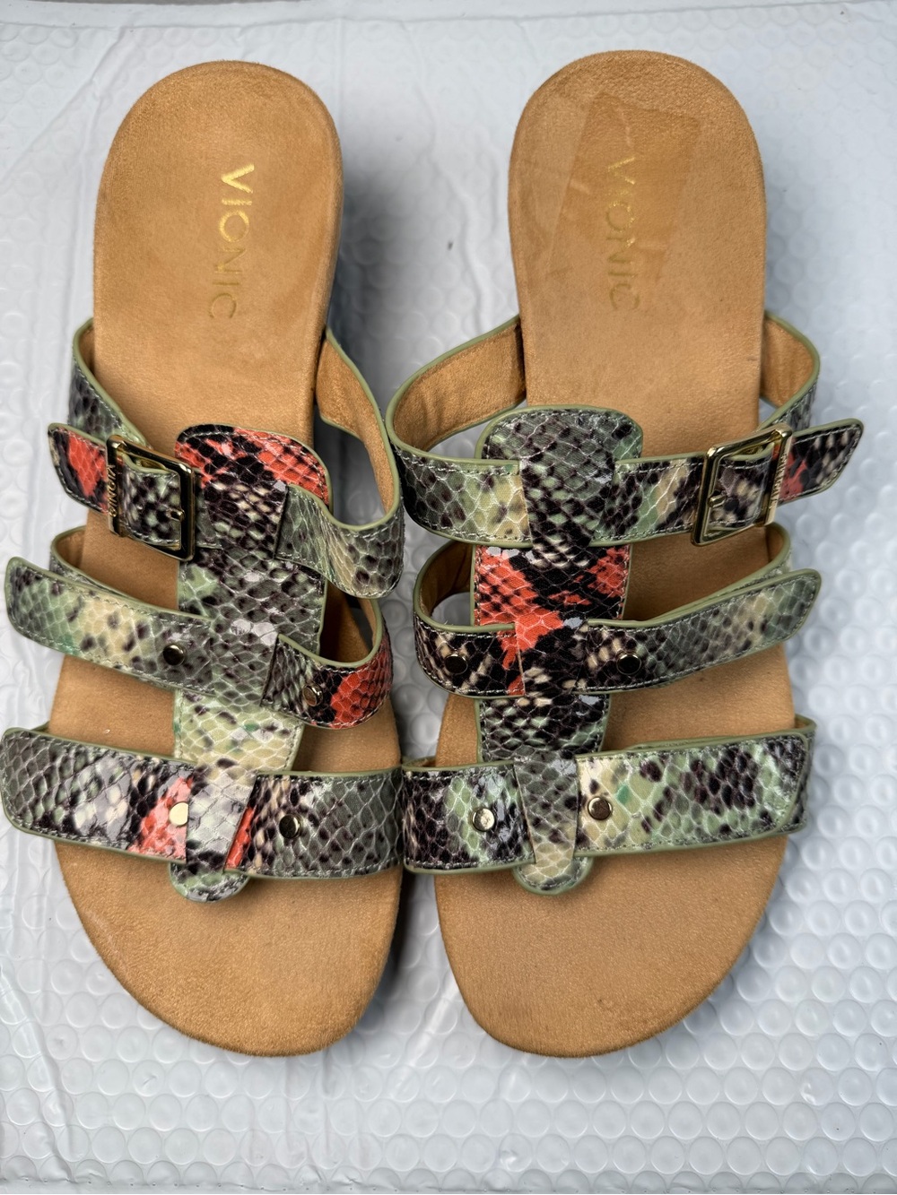 Vionic Women’s Wedge Slide Sandals Snake Print Orthotic Wide US 9 EU 40 Comfort